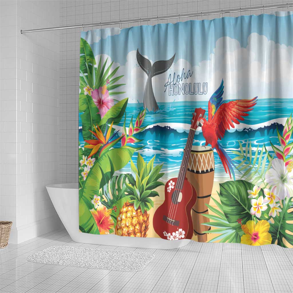 Aloha Honolulu Festival Shower Curtain Ukulele By The Shore
