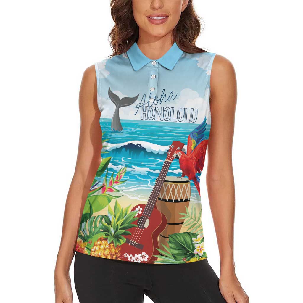 Aloha Honolulu Festival Women Sleeveless Polo Shirt Ukulele By The Shore