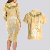 Aloha Honolulu Festival Couples Matching Long Sleeve Bodycon Dress and Hawaiian Shirt Hawaii Kapa Mix Flowers Lei