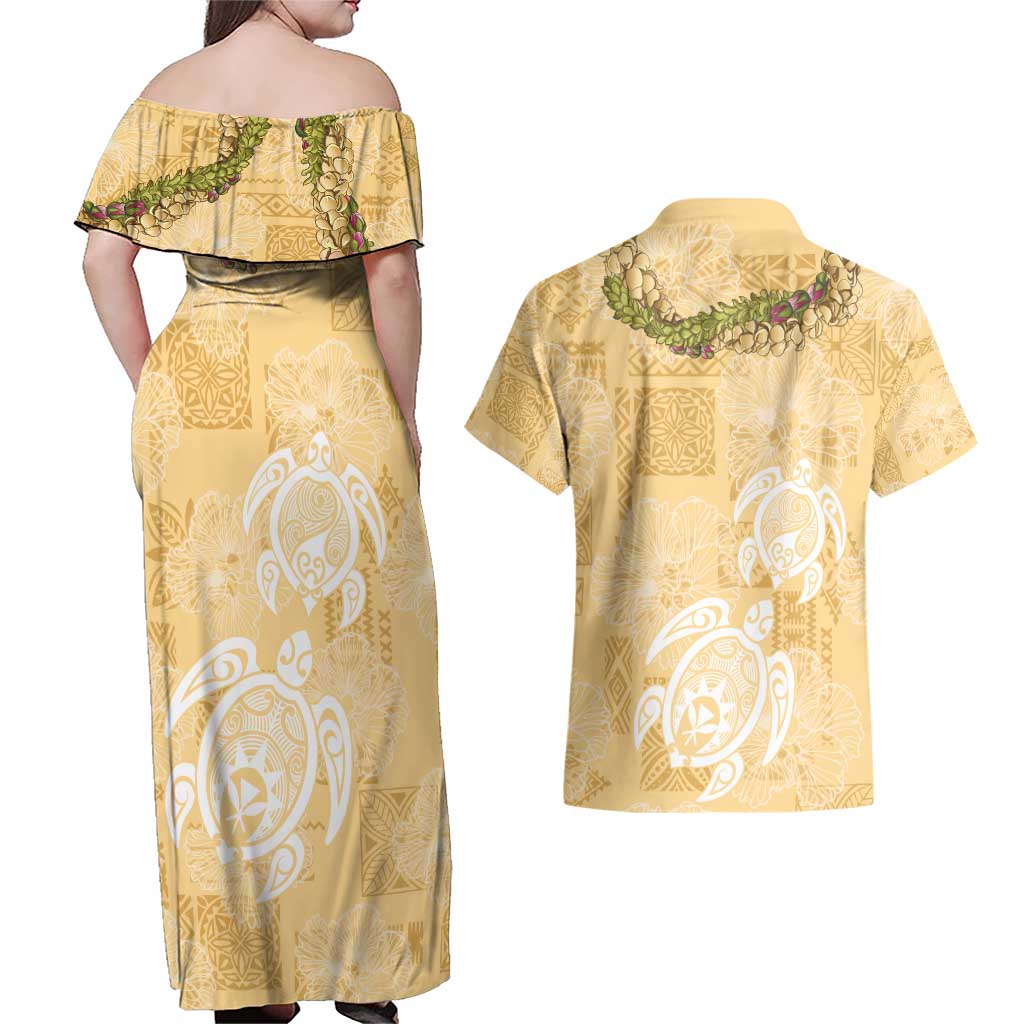 Aloha Honolulu Festival Couples Matching Off Shoulder Maxi Dress and Hawaiian Shirt Hawaii Kapa Mix Flowers Lei