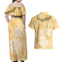 Aloha Honolulu Festival Couples Matching Off Shoulder Maxi Dress and Hawaiian Shirt Hawaii Kapa Mix Flowers Lei