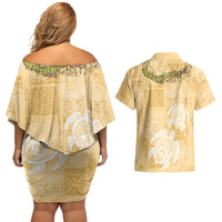 Aloha Honolulu Festival Couples Matching Off Shoulder Short Dress and Hawaiian Shirt Hawaii Kapa Mix Flowers Lei
