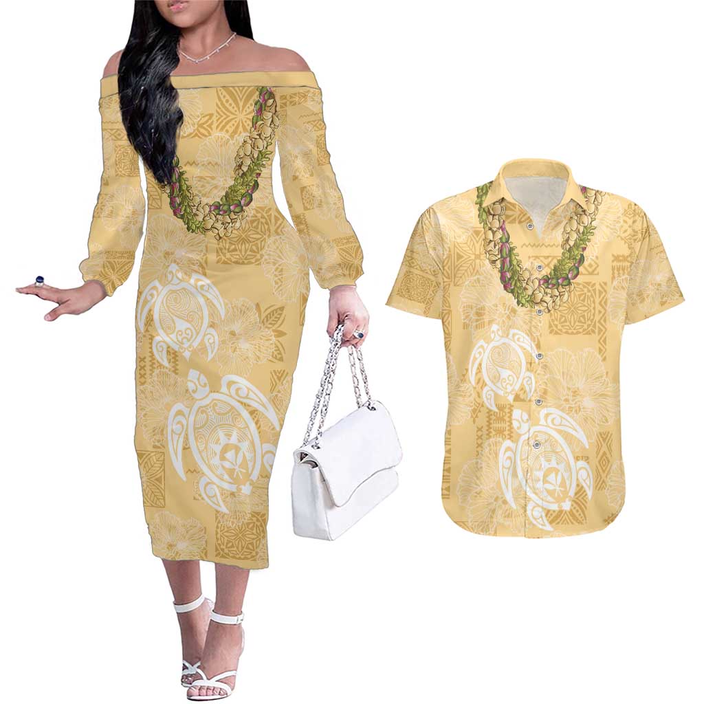 Aloha Honolulu Festival Couples Matching Off The Shoulder Long Sleeve Dress and Hawaiian Shirt Hawaii Kapa Mix Flowers Lei