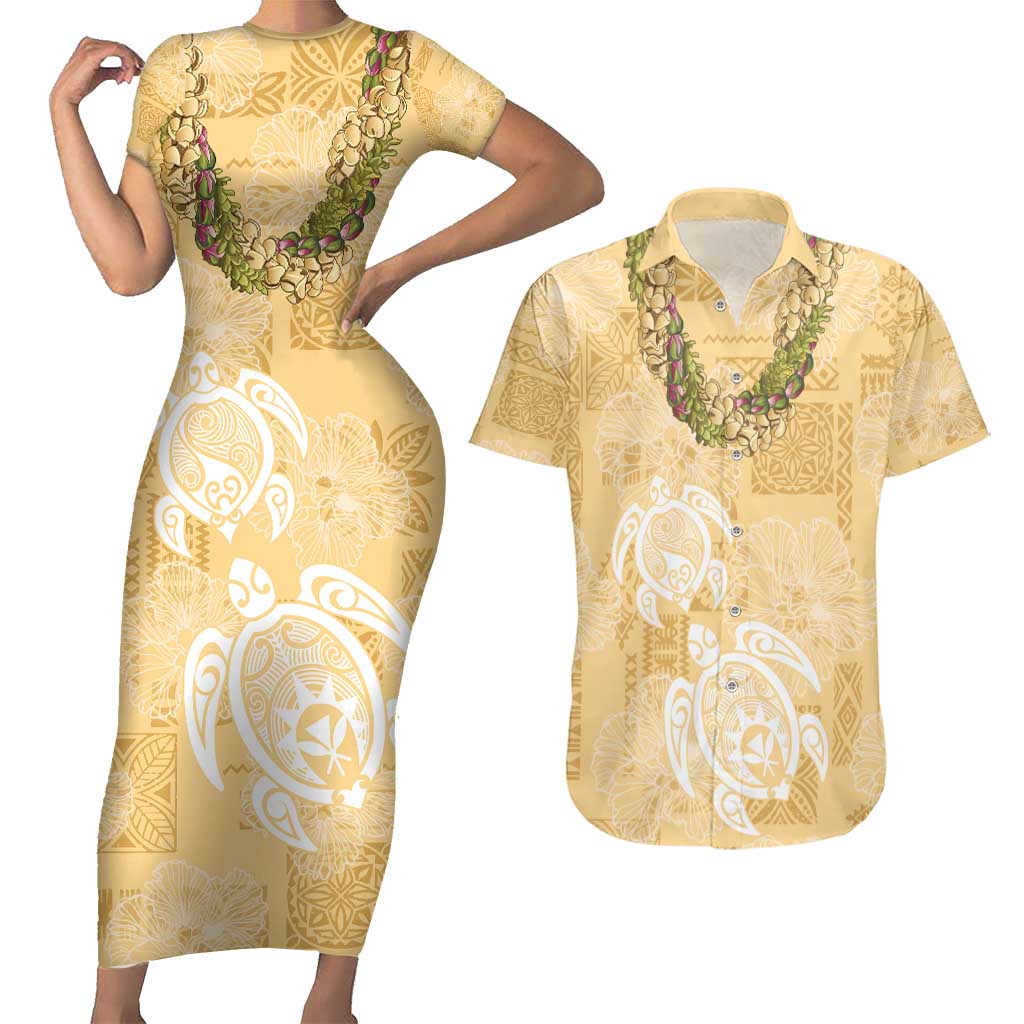 Aloha Honolulu Festival Couples Matching Short Sleeve Bodycon Dress and Hawaiian Shirt Hawaii Kapa Mix Flowers Lei