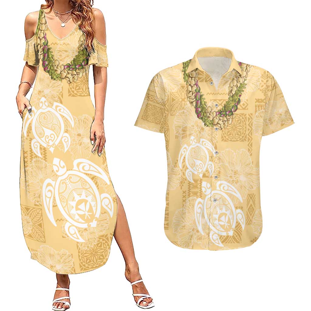 Aloha Honolulu Festival Couples Matching Summer Maxi Dress and Hawaiian Shirt Hawaii Kapa Mix Flowers Lei