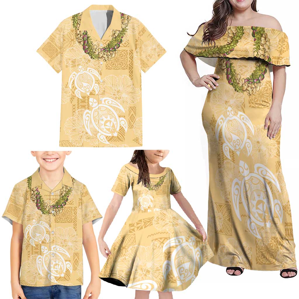 Aloha Honolulu Festival Family Matching Off Shoulder Maxi Dress and Hawaiian Shirt Hawaii Kapa Mix Flowers Lei