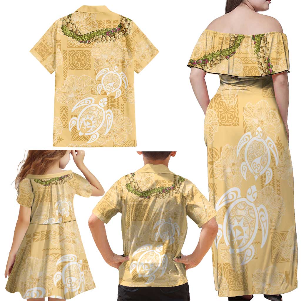 Aloha Honolulu Festival Family Matching Off Shoulder Maxi Dress and Hawaiian Shirt Hawaii Kapa Mix Flowers Lei