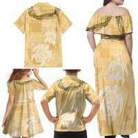 Aloha Honolulu Festival Family Matching Off Shoulder Maxi Dress and Hawaiian Shirt Hawaii Kapa Mix Flowers Lei