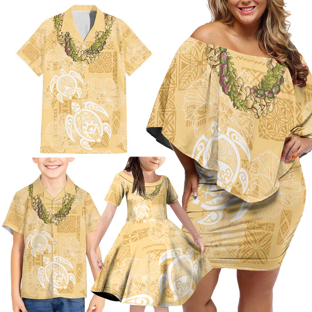 Aloha Honolulu Festival Family Matching Off Shoulder Short Dress and Hawaiian Shirt Hawaii Kapa Mix Flowers Lei