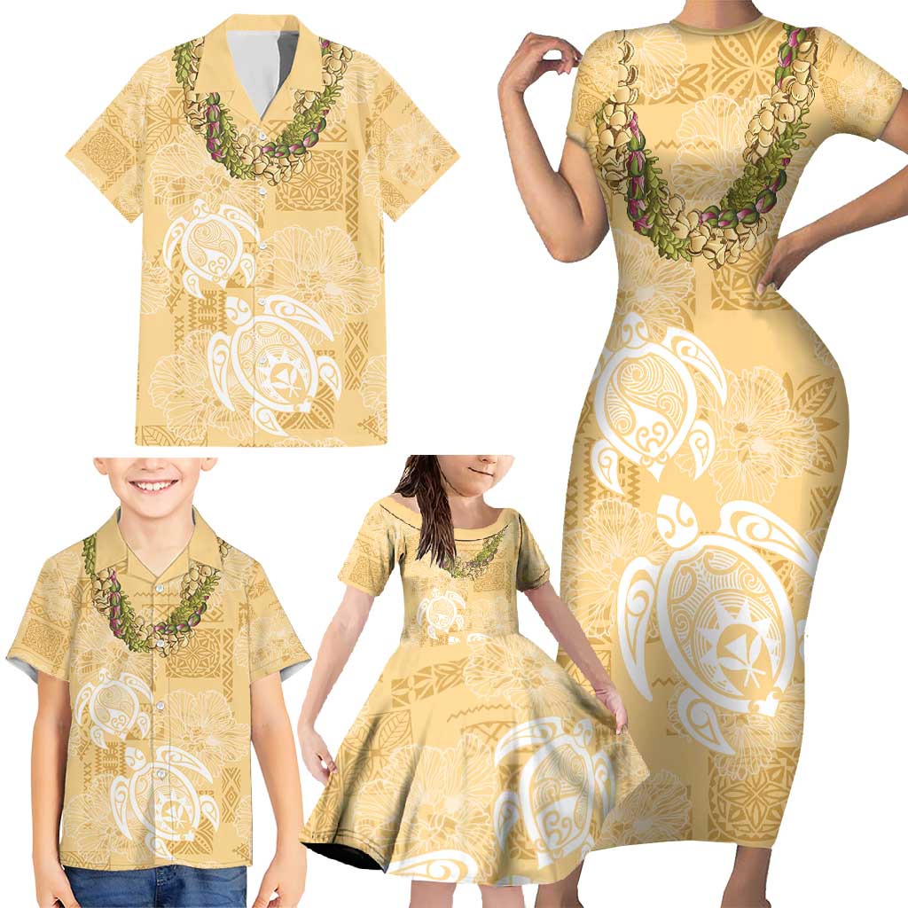 Aloha Honolulu Festival Family Matching Short Sleeve Bodycon Dress and Hawaiian Shirt Hawaii Kapa Mix Flowers Lei