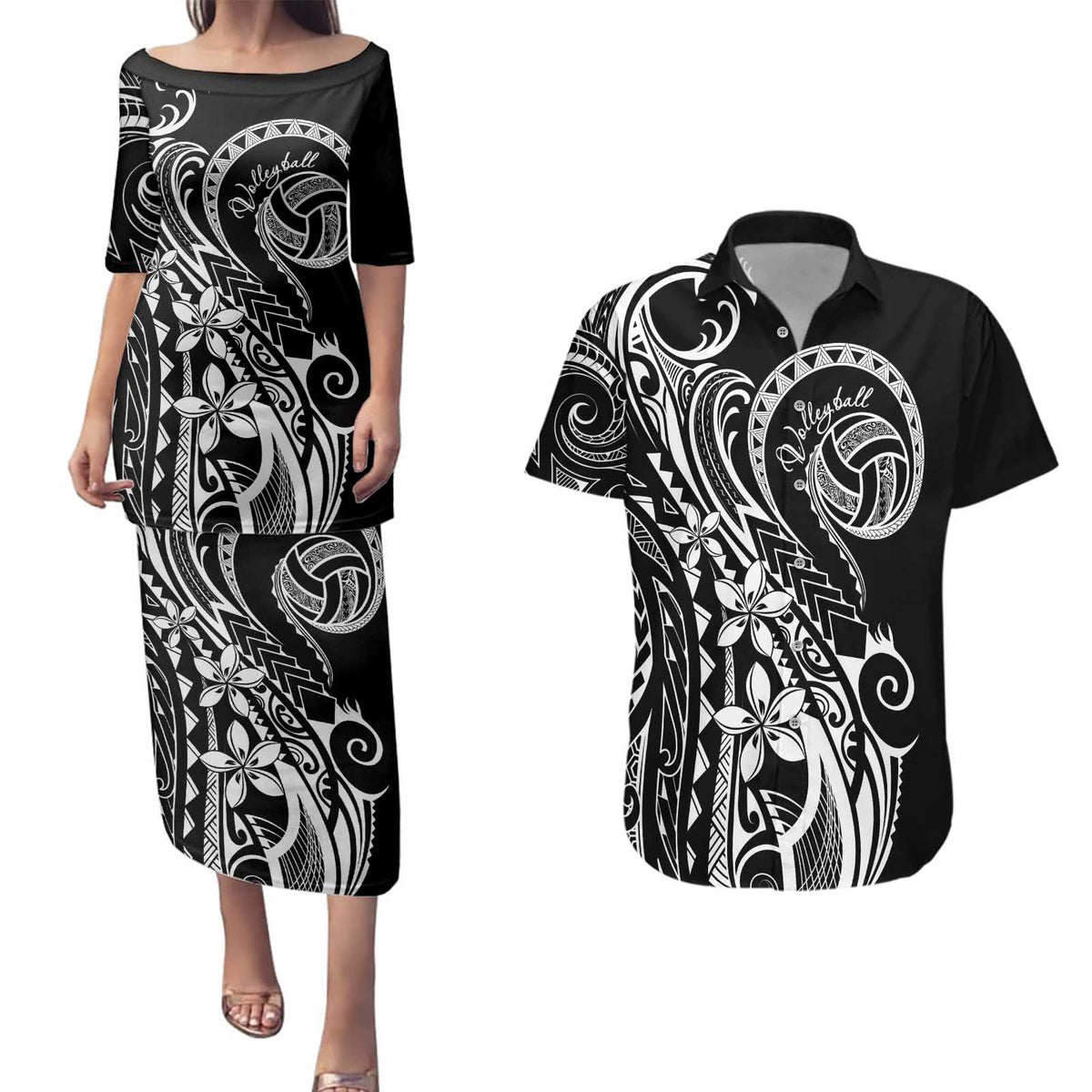 Polynesia Beach Volleyball Personalized Couples Matching Puletasi and Hawaiian Shirt Basic LT7 Black - Polynesian Pride