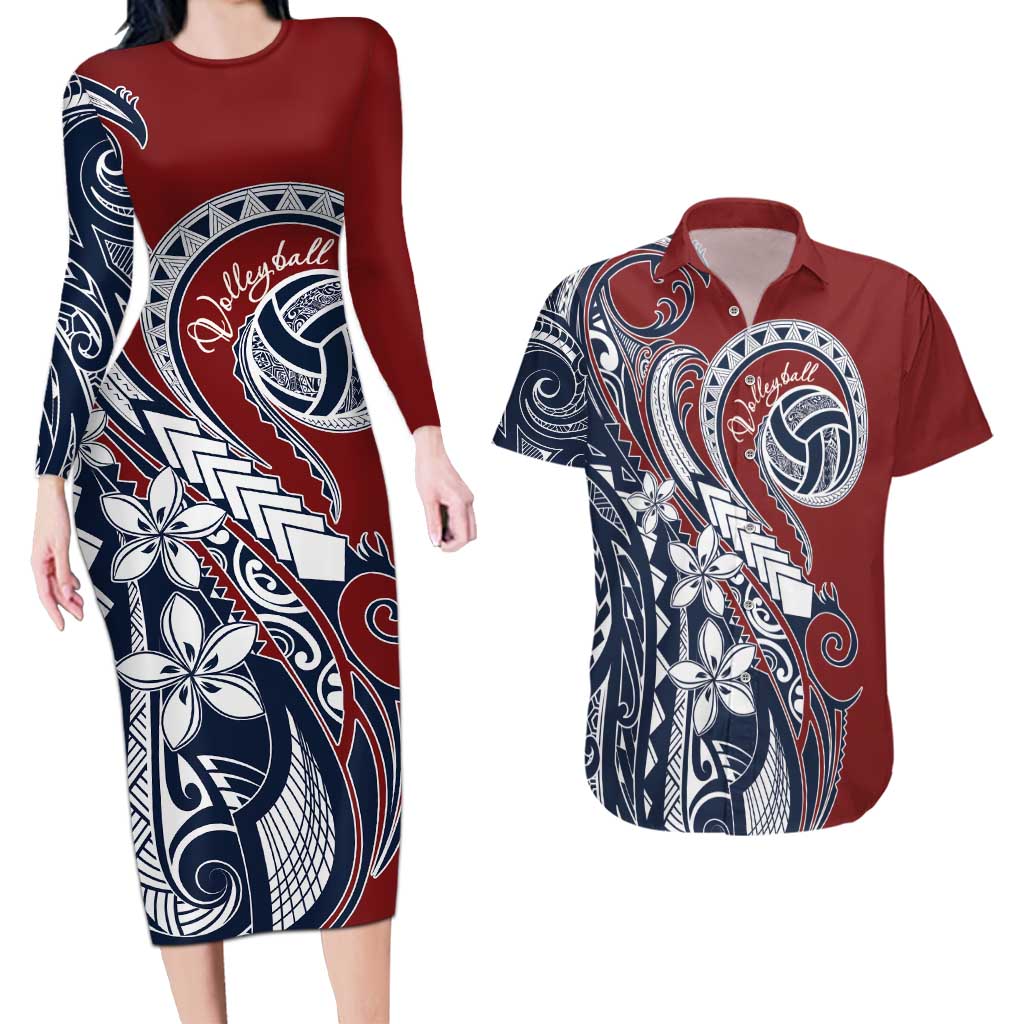 Polynesia Beach Volleyball Personalized Couples Matching Long Sleeve Bodycon Dress and Hawaiian Shirt Special LT7 Red Blue - Polynesian Pride