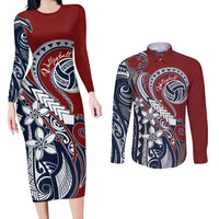 Polynesia Beach Volleyball Personalized Couples Matching Long Sleeve Bodycon Dress and Long Sleeve Button Shirt Special LT7 Red Blue - Polynesian Pride