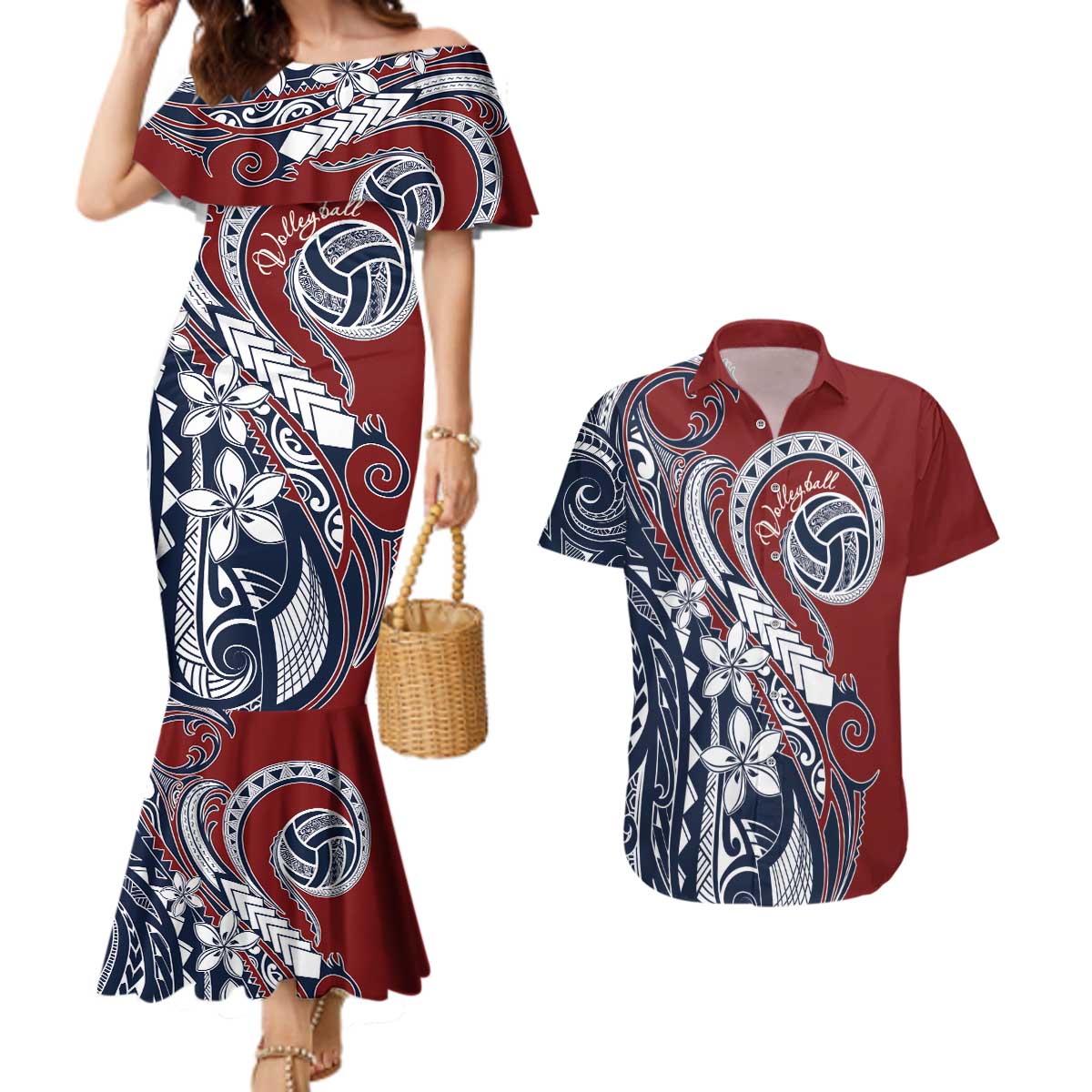 Polynesia Beach Volleyball Personalized Couples Matching Mermaid Dress and Hawaiian Shirt Special LT7 Red Blue - Polynesian Pride