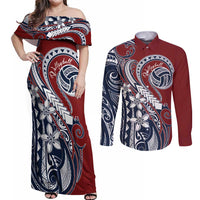 Polynesia Beach Volleyball Personalized Couples Matching Off Shoulder Maxi Dress and Long Sleeve Button Shirt Special LT7 Red Blue - Polynesian Pride