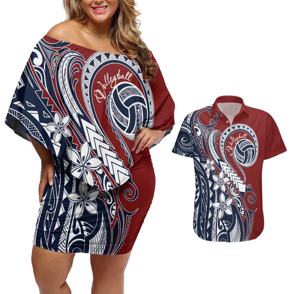 Polynesia Beach Volleyball Personalized Couples Matching Off Shoulder Short Dress and Hawaiian Shirt Special LT7 Red Blue - Polynesian Pride
