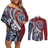 Polynesia Beach Volleyball Personalized Couples Matching Off Shoulder Short Dress and Long Sleeve Button Shirt Special LT7 Red Blue - Polynesian Pride