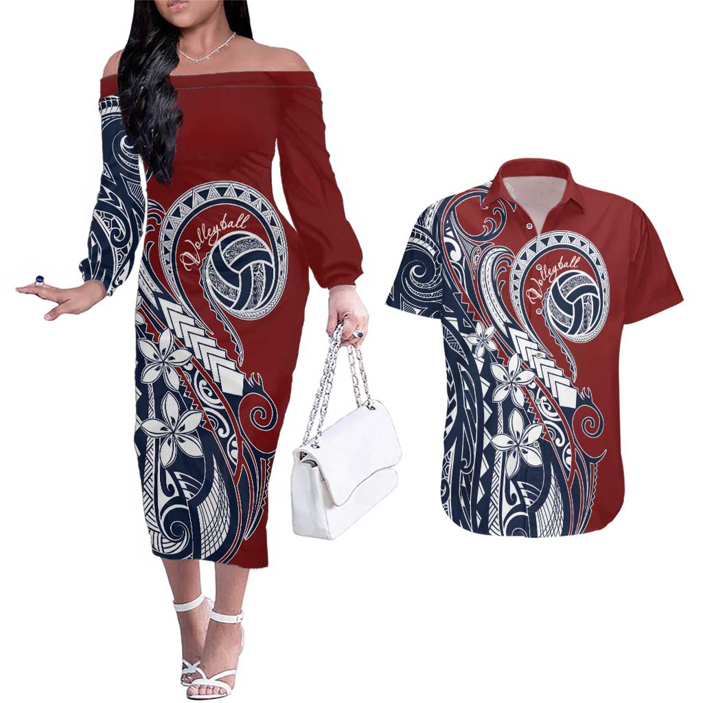 Polynesia Beach Volleyball Personalized Couples Matching Off The Shoulder Long Sleeve Dress and Hawaiian Shirt Special LT7 Red Blue - Polynesian Pride