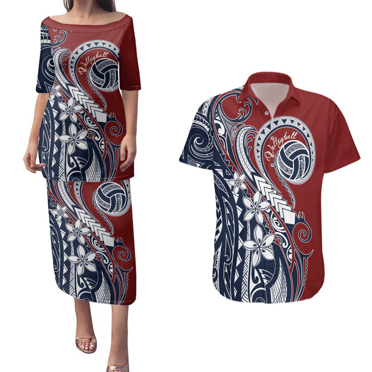 Polynesia Beach Volleyball Personalized Couples Matching Puletasi and Hawaiian Shirt Special LT7 Red Blue - Polynesian Pride