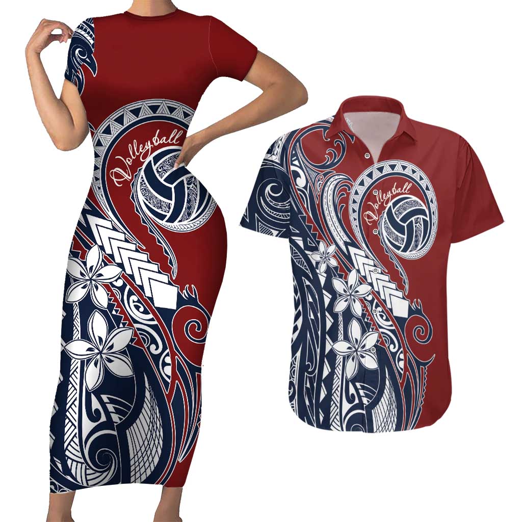 Polynesia Beach Volleyball Personalized Couples Matching Short Sleeve Bodycon Dress and Hawaiian Shirt Special LT7 Red Blue - Polynesian Pride