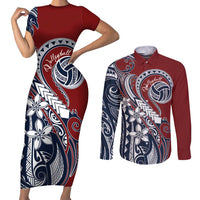 Polynesia Beach Volleyball Personalized Couples Matching Short Sleeve Bodycon Dress and Long Sleeve Button Shirt Special LT7 Red Blue - Polynesian Pride