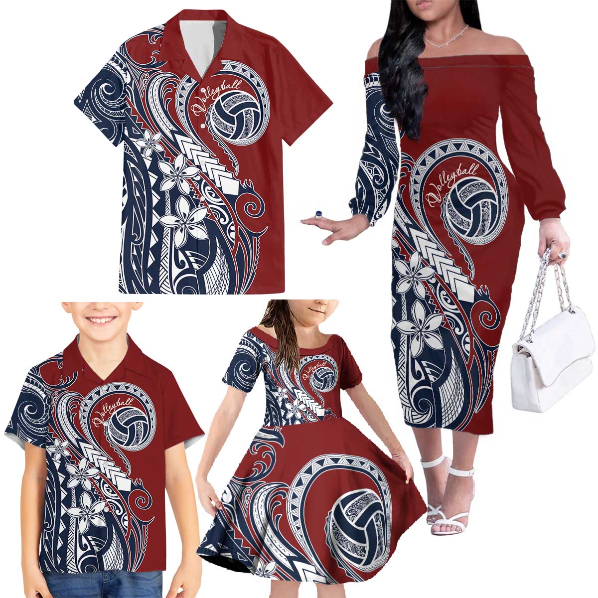 Polynesia Beach Volleyball Personalized Family Matching Off The Shoulder Long Sleeve Dress and Hawaiian Shirt Special