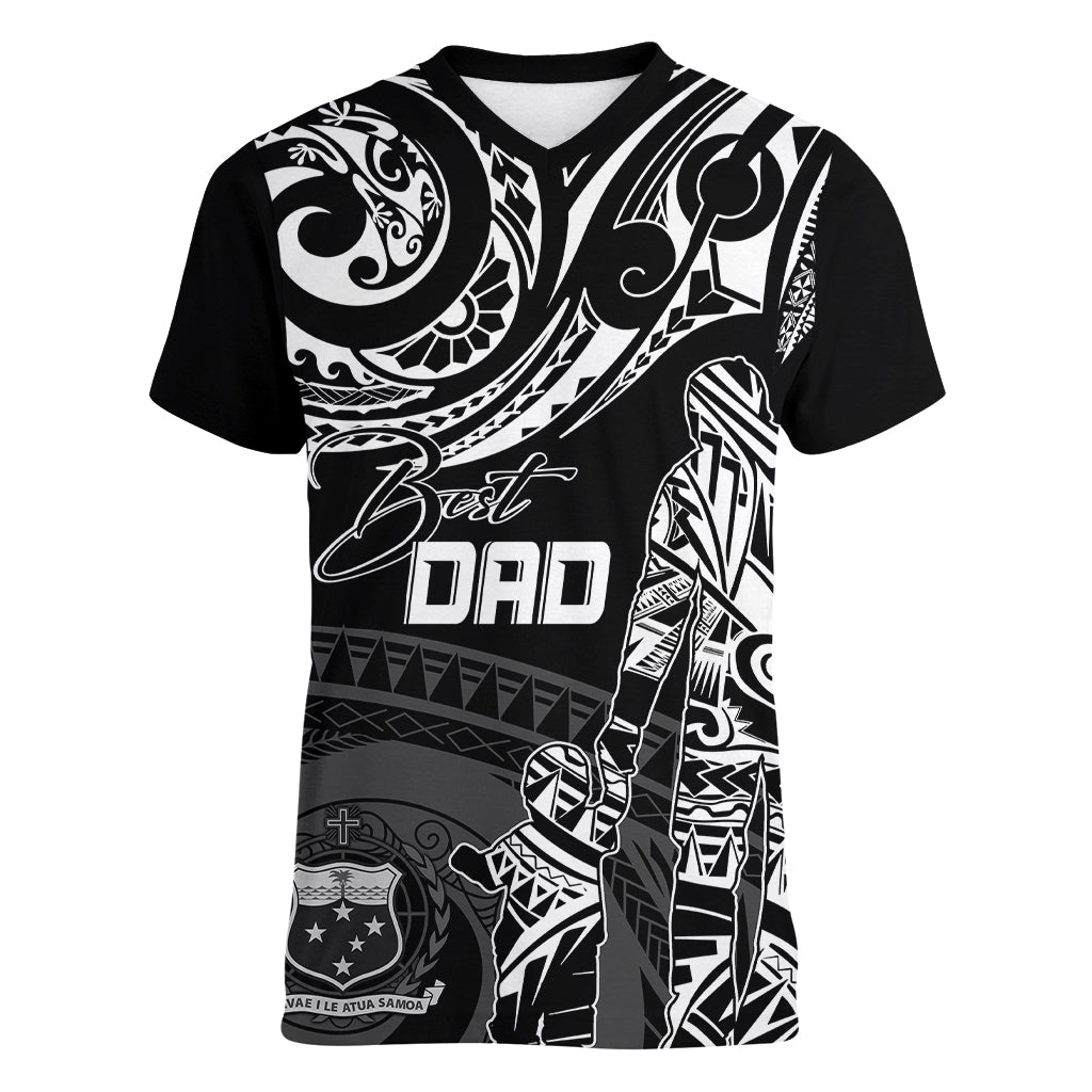 Personalised Father's Day Samoa Women V Neck T Shirt Polynesian Dad & Kid LT7 Female Black - Polynesian Pride