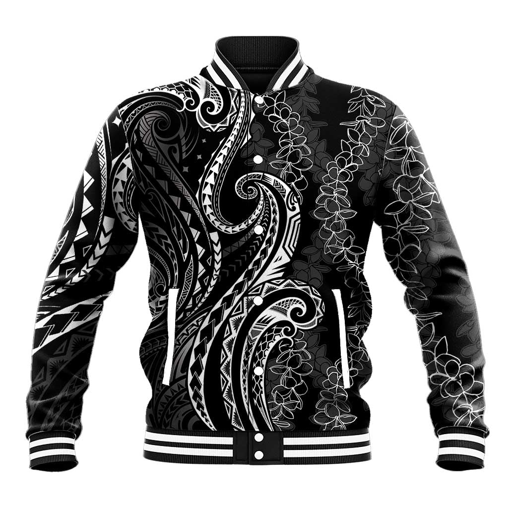 Polynesia Plumeria Lei Baseball Jacket Black Curves Motif
