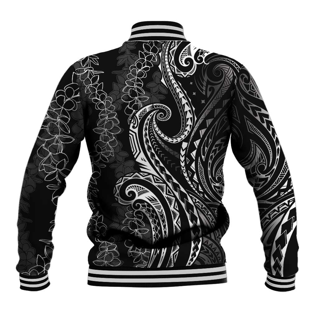 Polynesia Plumeria Lei Baseball Jacket Black Curves Motif