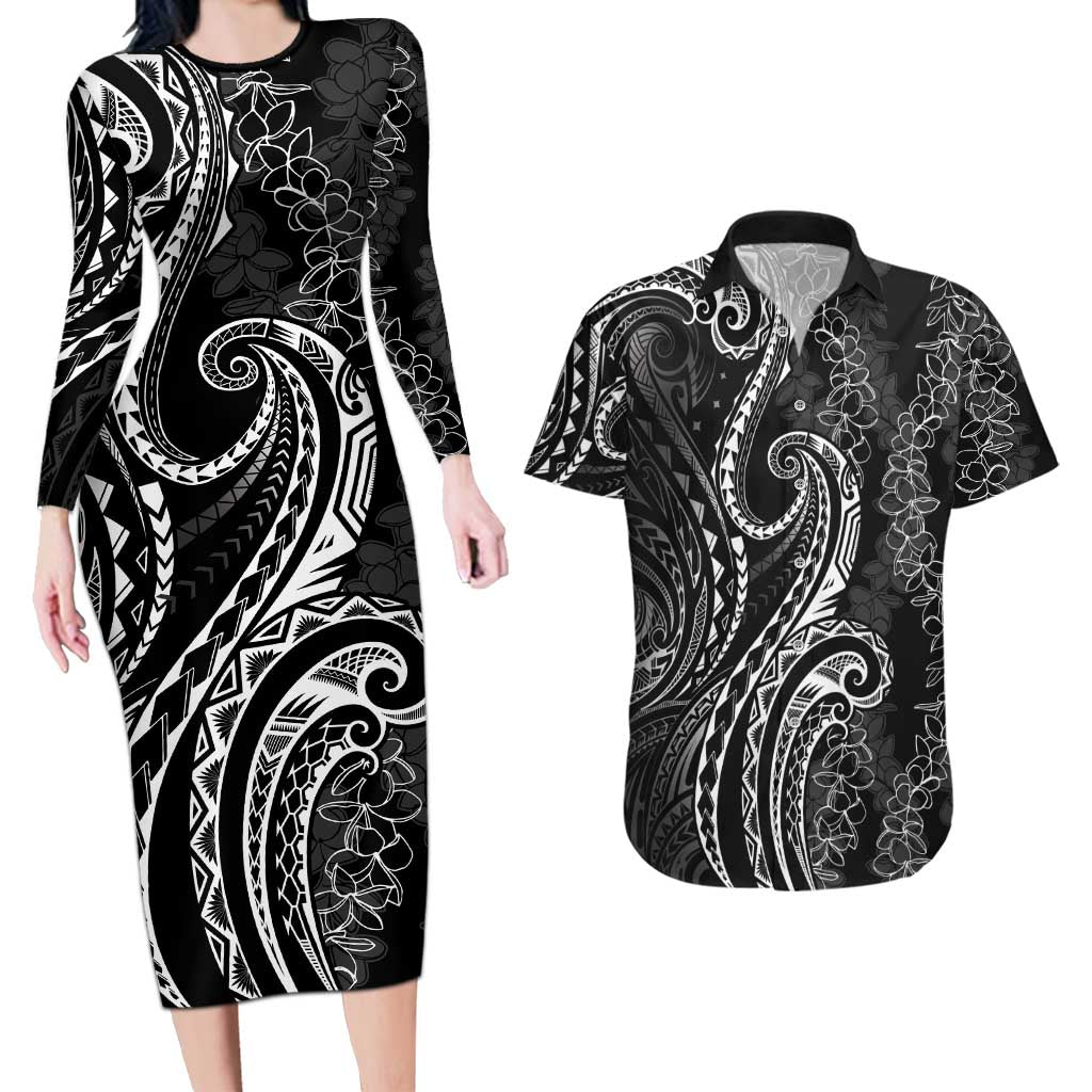 Polynesia Plumeria Lei Couples Matching Long Sleeve Bodycon Dress and Hawaiian Shirt Black Curves Motif