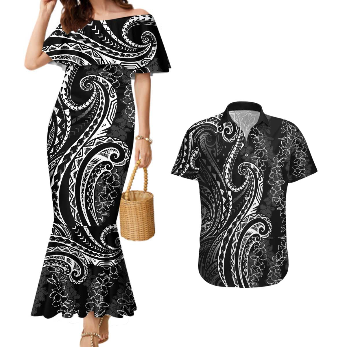 Polynesia Plumeria Lei Couples Matching Mermaid Dress and Hawaiian Shirt Black Curves Motif