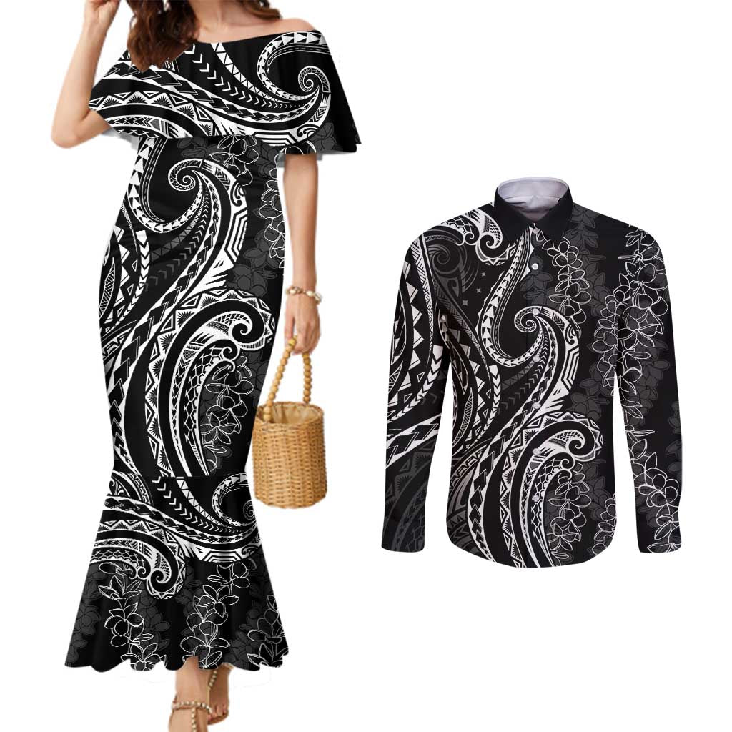 Polynesia Plumeria Lei Couples Matching Mermaid Dress and Long Sleeve Button Shirt Black Curves Motif LT7 Black - Polynesian Pride