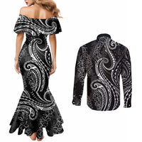Polynesia Plumeria Lei Couples Matching Mermaid Dress and Long Sleeve Button Shirt Black Curves Motif LT7 - Polynesian Pride