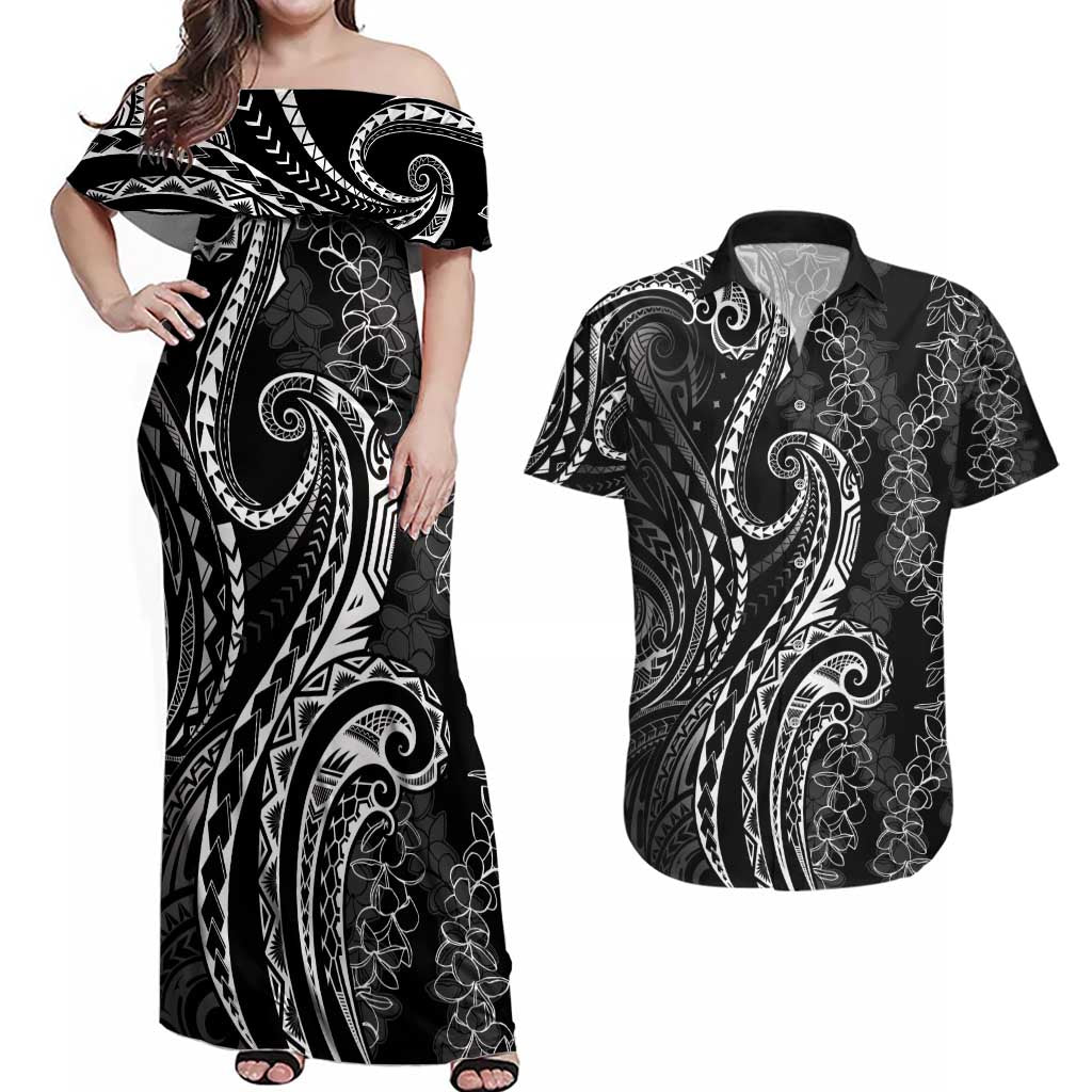 Polynesia Plumeria Lei Couples Matching Off Shoulder Maxi Dress and Hawaiian Shirt Black Curves Motif LT7 Black - Polynesian Pride