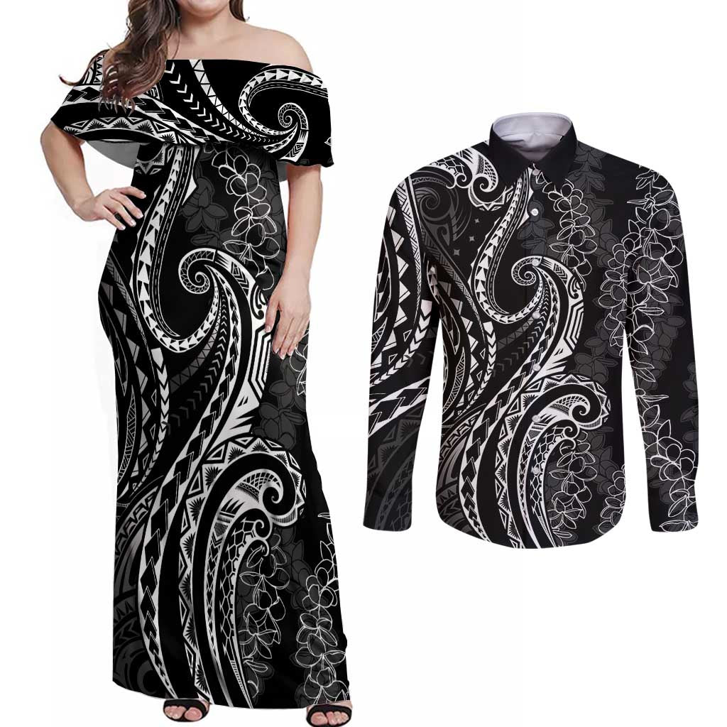 Polynesia Plumeria Lei Couples Matching Off Shoulder Maxi Dress and Long Sleeve Button Shirt Black Curves Motif LT7 Black - Polynesian Pride