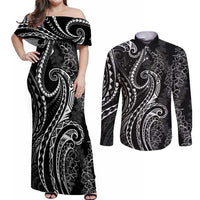 Polynesia Plumeria Lei Couples Matching Off Shoulder Maxi Dress and Long Sleeve Button Shirt Black Curves Motif LT7 Black - Polynesian Pride