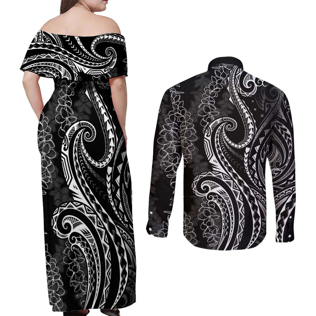 Polynesia Plumeria Lei Couples Matching Off Shoulder Maxi Dress and Long Sleeve Button Shirt Black Curves Motif LT7 - Polynesian Pride