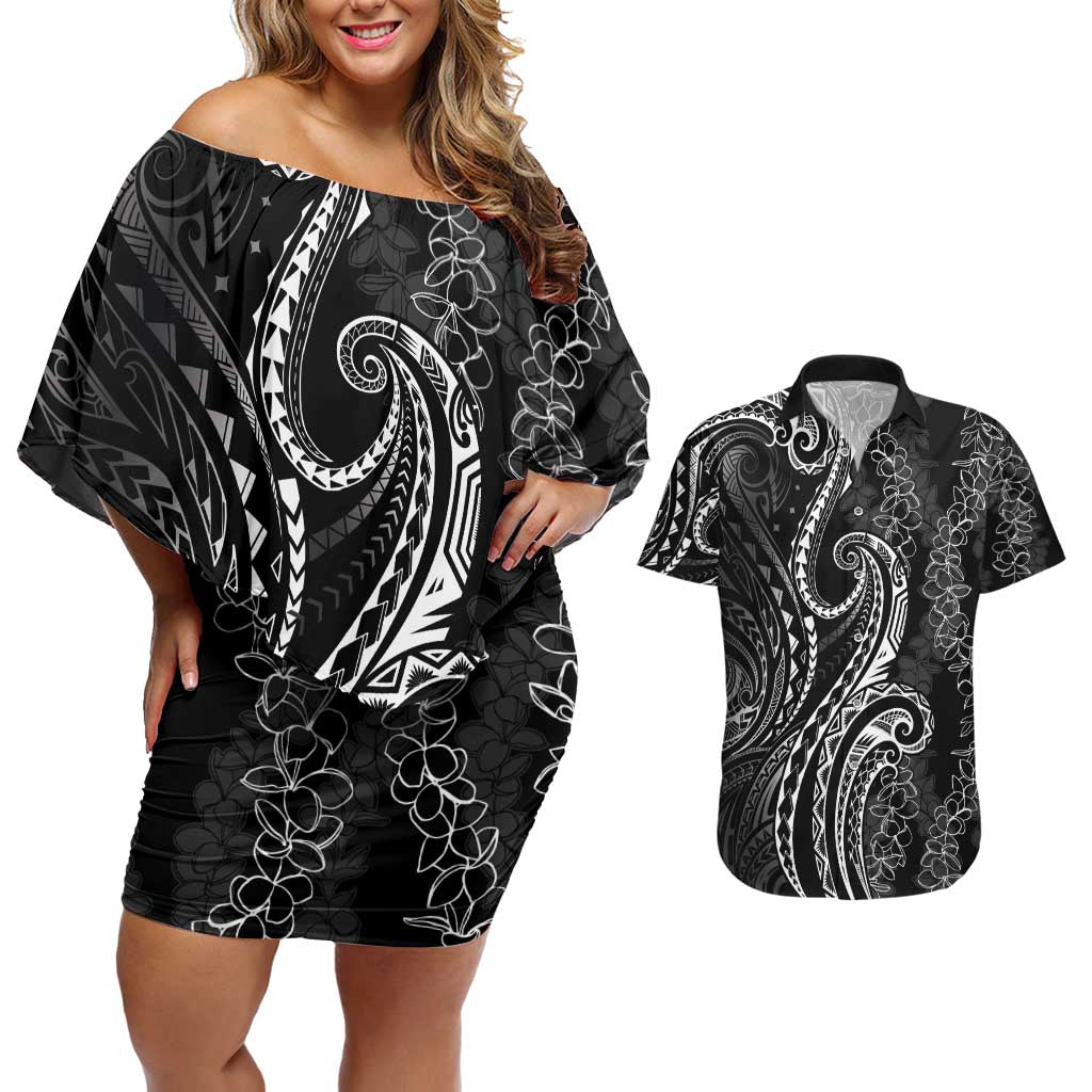 Polynesia Plumeria Lei Couples Matching Off Shoulder Short Dress and Hawaiian Shirt Black Curves Motif LT7 Black - Polynesian Pride