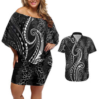 Polynesia Plumeria Lei Couples Matching Off Shoulder Short Dress and Hawaiian Shirt Black Curves Motif LT7 Black - Polynesian Pride
