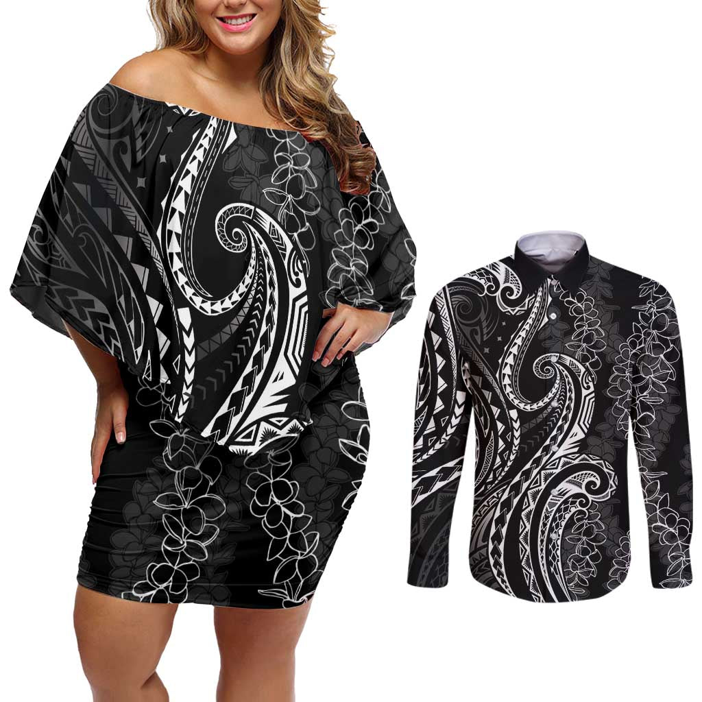 Polynesia Plumeria Lei Couples Matching Off Shoulder Short Dress and Long Sleeve Button Shirt Black Curves Motif LT7 Black - Polynesian Pride