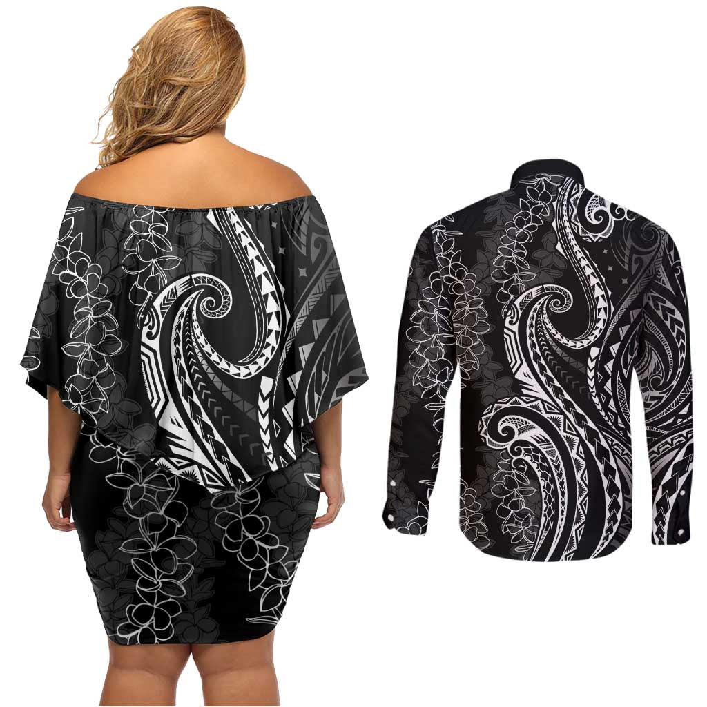 Polynesia Plumeria Lei Couples Matching Off Shoulder Short Dress and Long Sleeve Button Shirt Black Curves Motif LT7 - Polynesian Pride