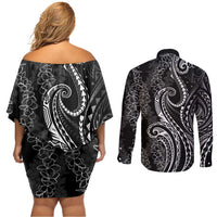 Polynesia Plumeria Lei Couples Matching Off Shoulder Short Dress and Long Sleeve Button Shirt Black Curves Motif LT7 - Polynesian Pride