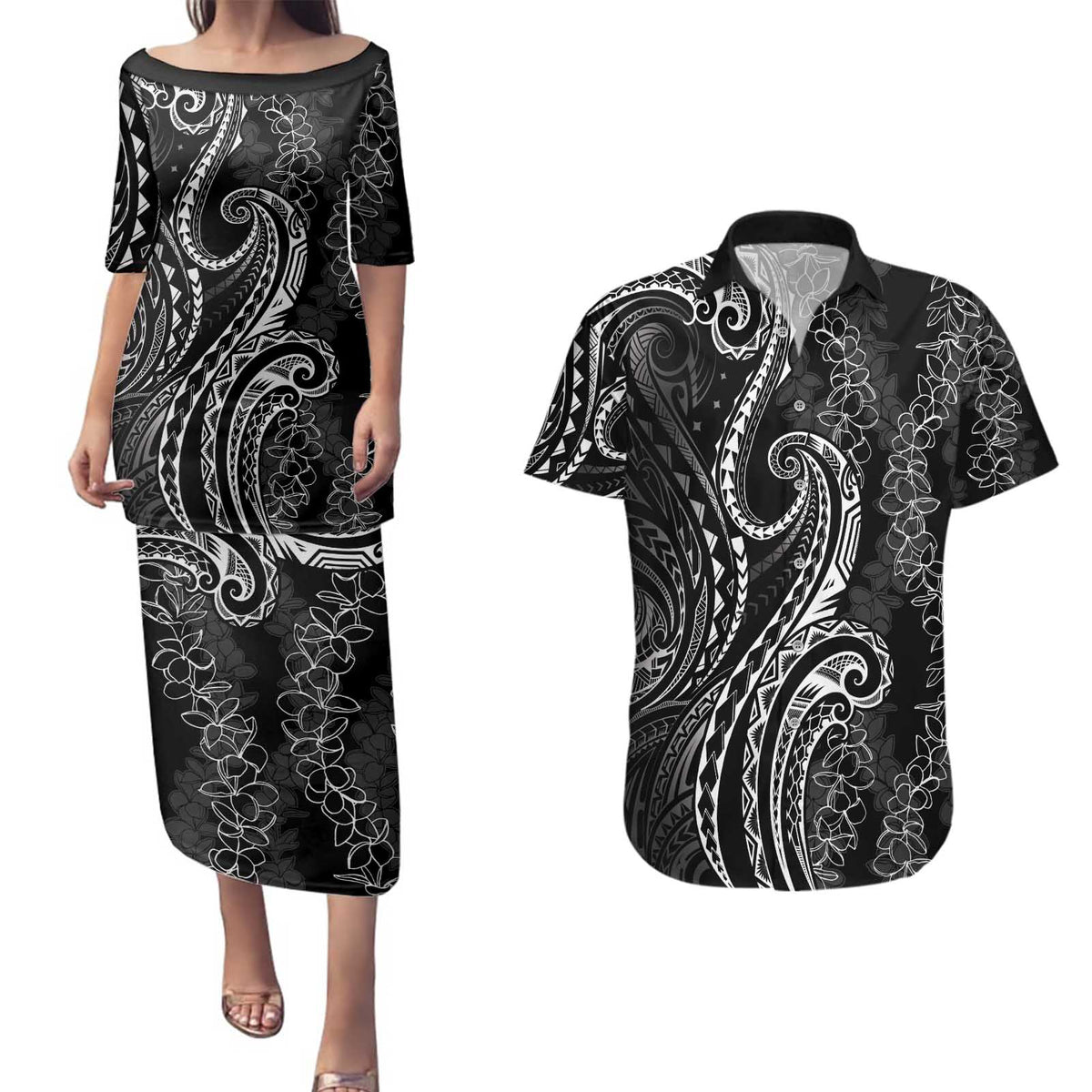 Polynesia Plumeria Lei Couples Matching Puletasi and Hawaiian Shirt Black Curves Motif LT7 Black - Polynesian Pride