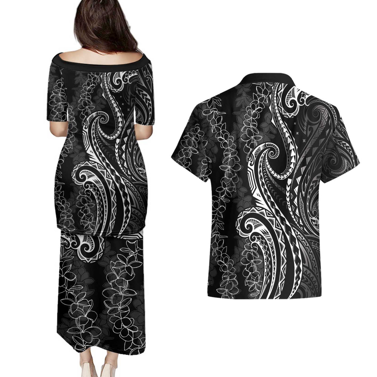 Polynesia Plumeria Lei Couples Matching Puletasi and Hawaiian Shirt Black Curves Motif LT7 - Polynesian Pride