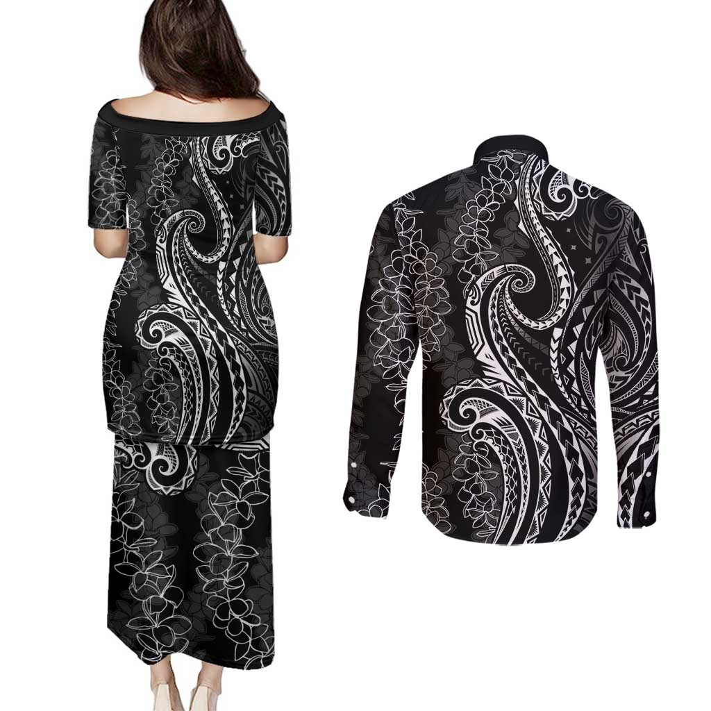 Polynesia Plumeria Lei Couples Matching Puletasi and Long Sleeve Button Shirt Black Curves Motif LT7 - Polynesian Pride