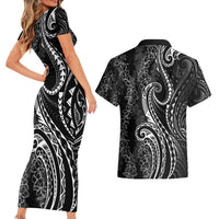 Polynesia Plumeria Lei Couples Matching Short Sleeve Bodycon Dress and Hawaiian Shirt Black Curves Motif LT7 - Polynesian Pride