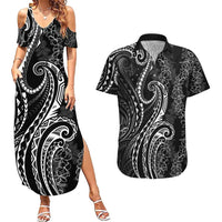 Polynesia Plumeria Lei Couples Matching Summer Maxi Dress and Hawaiian Shirt Black Curves Motif LT7 Black - Polynesian Pride