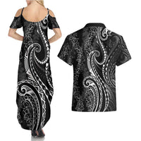 Polynesia Plumeria Lei Couples Matching Summer Maxi Dress and Hawaiian Shirt Black Curves Motif LT7 - Polynesian Pride