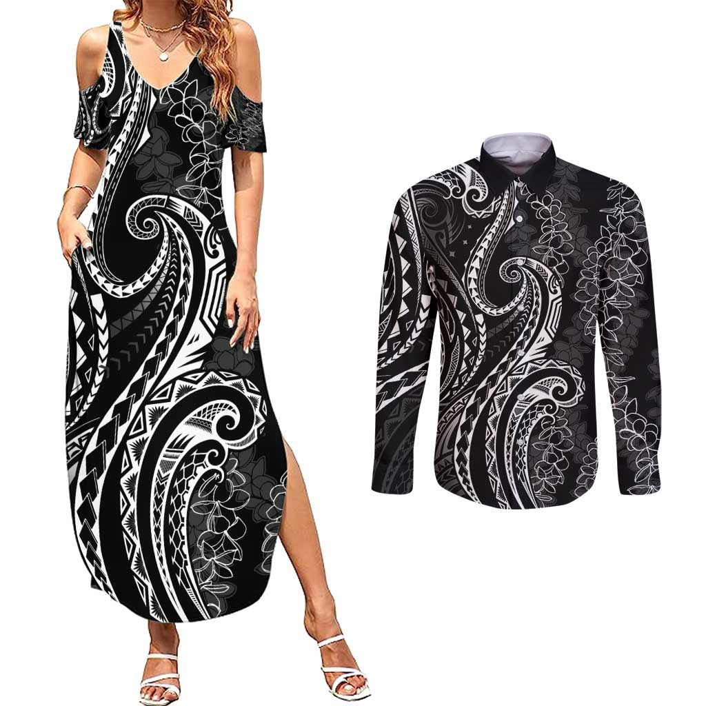 Polynesia Plumeria Lei Couples Matching Summer Maxi Dress and Long Sleeve Button Shirt Black Curves Motif LT7 Black - Polynesian Pride