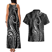 Polynesia Plumeria Lei Couples Matching Tank Maxi Dress and Hawaiian Shirt Black Curves Motif LT7 - Polynesian Pride